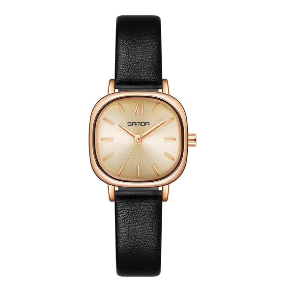 Women Oval Dial Quartz Watch with Simple Bar Scale - Belt Black