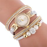 Women Beige Woven Pearl Bracelet Watch - Round Analog Quartz - Red