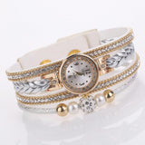 Women Beige Woven Pearl Bracelet Watch - Round Analog Quartz - Red