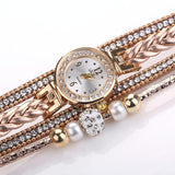 Women Beige Woven Pearl Bracelet Watch - Round Analog Quartz - Red