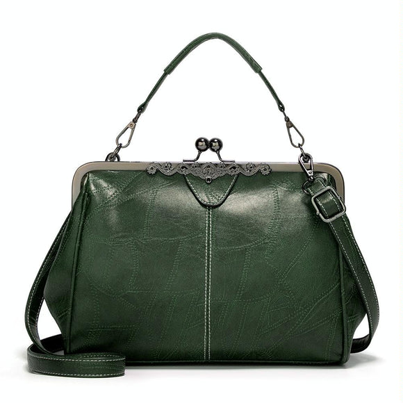 Adjustable Leather Crossbody Bag with Vintage Buckle - Green