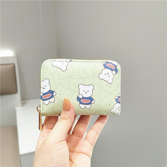 Cute Bear Print Multi Slot Card Holder Anti Degaussing Design - Green