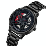 Men 360 Degree Hollow Spinning Dial Quartz Watch with Steel Strap - Black