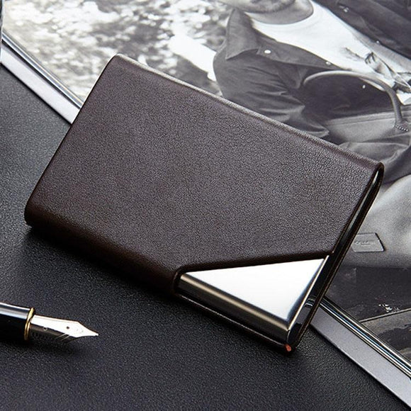 Stainless Steel Business Card Holder Men Leather Clamp - Brown