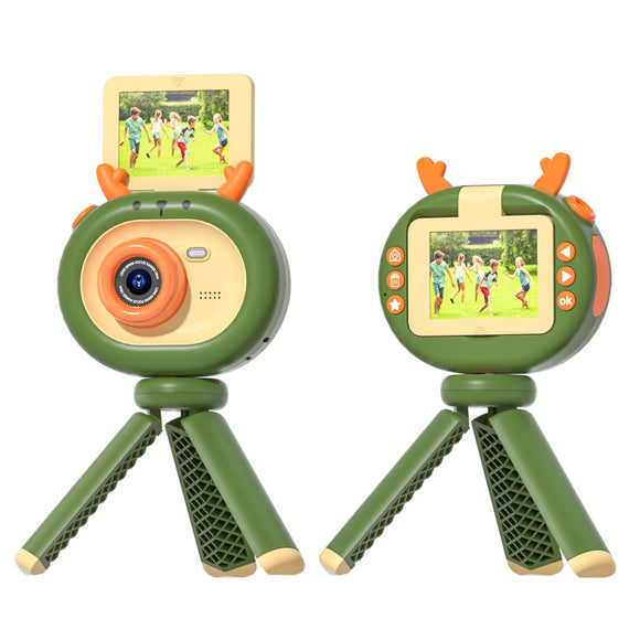 180-degree Flip-screen Cartoon Digital Camera with Stand 2.4-inch 1080p Hd - Dark Green