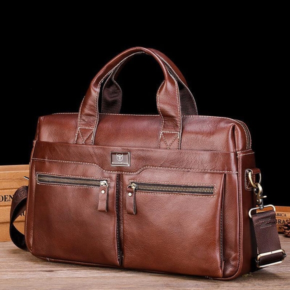 Large Capacity Retro Cowhide Briefcase - Coffee Metal