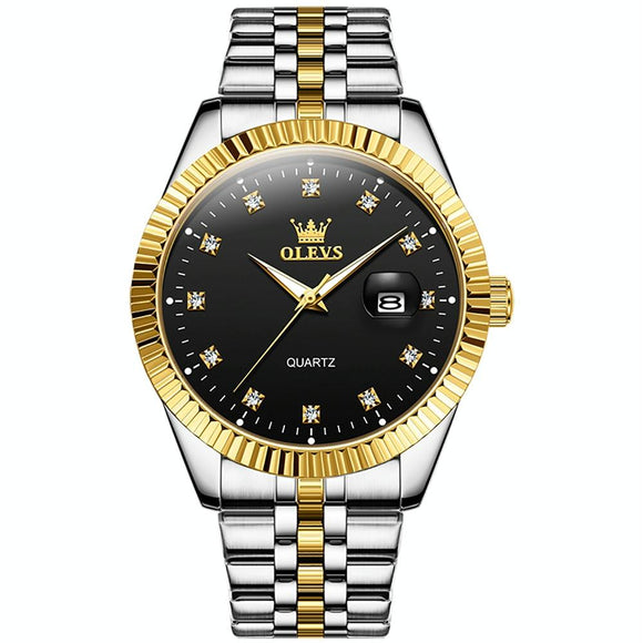 Men Luminous Waterproof Quartz Watch with Diamond Accents - Black