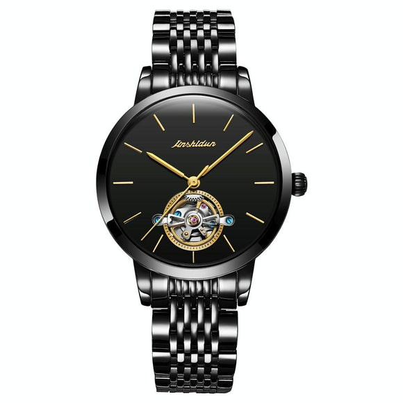 Waterproof Automatic Mechanical Watch for Women with Simple Hollow Design - Black Steel Strip