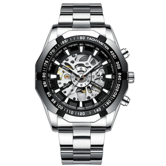 Stylish Men Automatic Mechanical Watch with Steel Band - Black