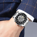 Stylish Men Automatic Mechanical Watch with Steel Band - Black