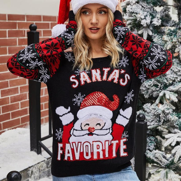 Christmas Women Pullover Sweater Santa Claus Embroidery Crew Neck Knit Sweater - Black - M
