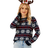Women Round Neck Christmas Knitwear Long Sleeve Snowflake Christmas Sweater - Dark Blue - M