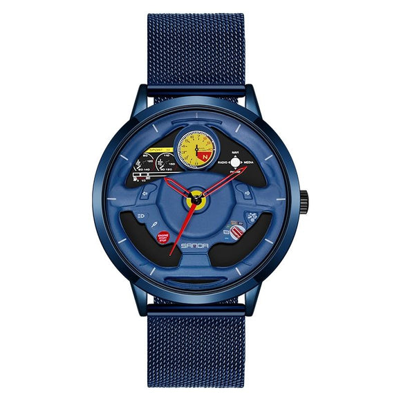 Waterproof Quartz Watch with Hollow Dial - 1085 Steering Wheel Design - Blue
