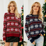 Women Round Neck Christmas Knitwear Long Sleeve Snowflake Christmas Sweater - Dark Blue - L