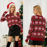 Women Round Neck Christmas Knitwear Long Sleeve Snowflake Christmas Sweater - Dark Blue - L