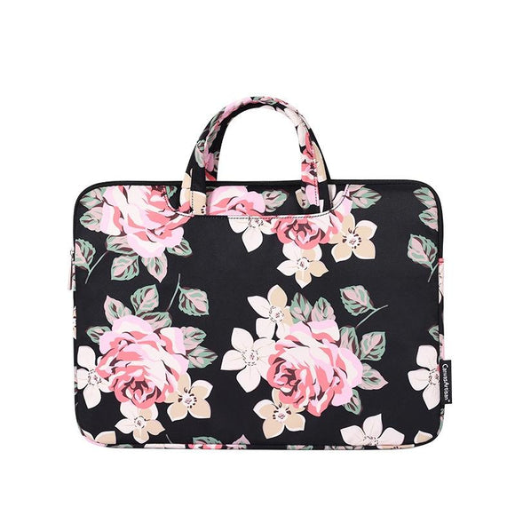 14 Inch Laptop Case Bag with White Rose Pattern and Handle - Black