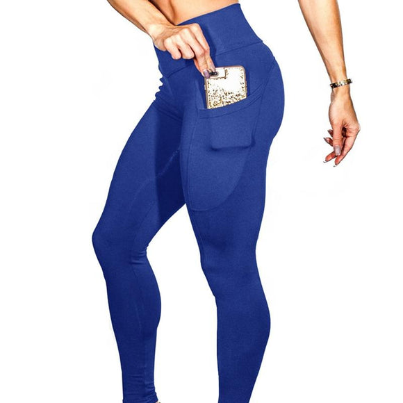 High Elastic Women Yoga Pants With Pockets Stretch Leggings For Jogging Workout And Running Size L - Blue