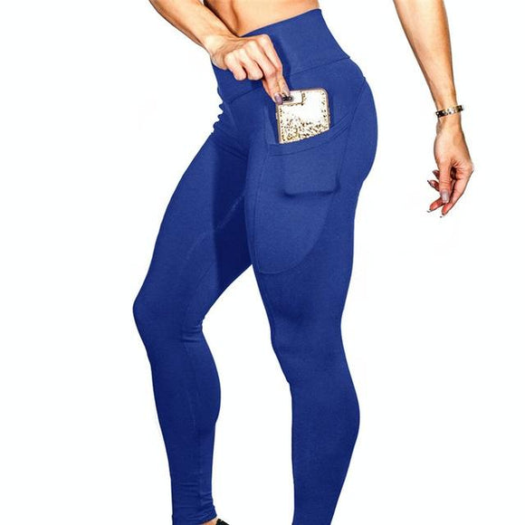 High Elastic Yoga Pants With Pockets For Women Jogging Workout Running Leggings Xl - Blue - Xl
