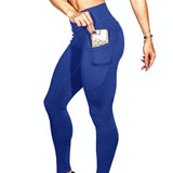 High Elastic Yoga Pants With Pockets For Women Jogging Workout Running Leggings Xl - Blue - Xl