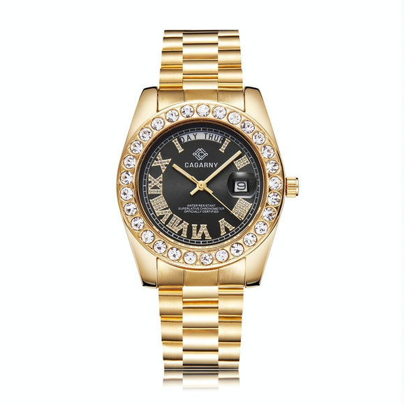 Men Quartz Watch with Diamond-encrusted Roman Numeral Dial - Gold Shell Black Dial