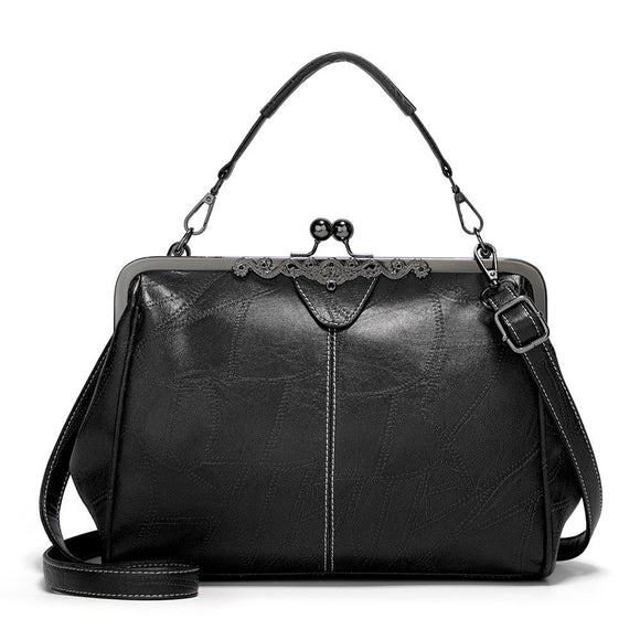 Adjustable Leather Crossbody Bag with Vintage Buckle - Black