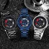 Men 360 Degree Hollow Spinning Dial Quartz Watch with Steel Strap - Blue