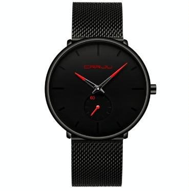 Men Waterproof Quartz Watch with Small Seconds and Mesh Band - Red Pointer