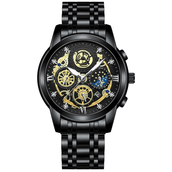 Waterproof Luminous Quartz Watch with Multifunctional Design - Black Steel Black Surface