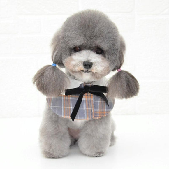 Dog Shawl Small Cloak Pet Bow Ttie Saliva Towel Pet Accessories - Size M - Gray Yellow Grid