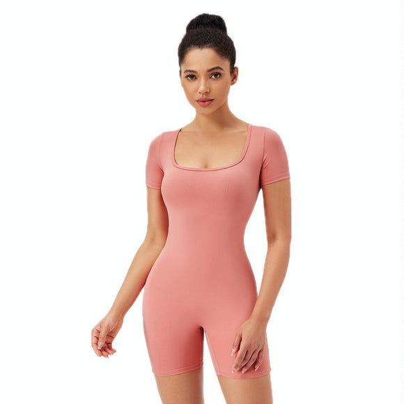 Quick Drying Women Square Neck Yoga Jumpsuit - Rose Pink - L