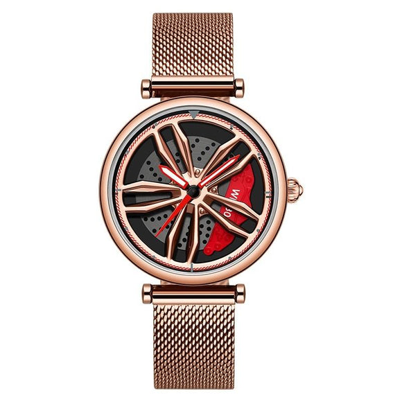 Women Quartz Watch with 3d Hollow out Wheel Design - Rose Gold