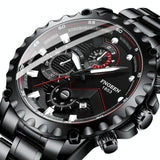 Stainless Steel Waterproof Men Sports Watch - Black Leather Black Steel Black Surface