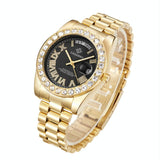 Men Quartz Watch with Diamond-encrusted Roman Numeral Dial - Gold Shell White Dial