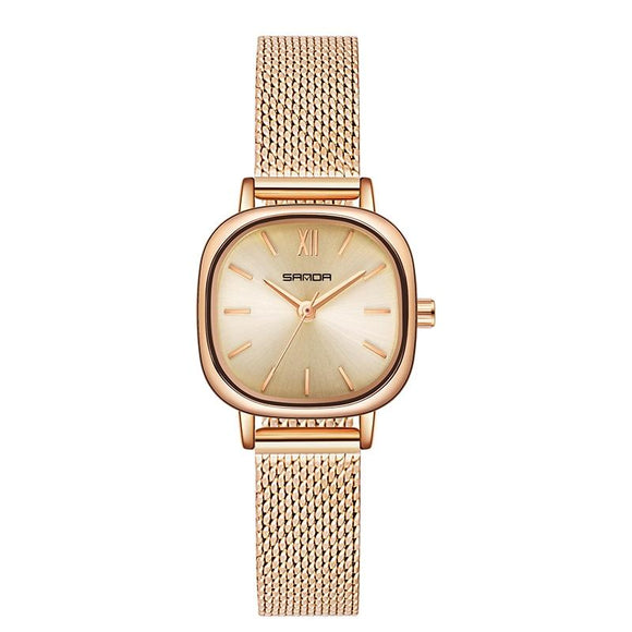 Women Oval Dial Quartz Watch with Simple Bar Scale - Mesh Belt Rose Gold