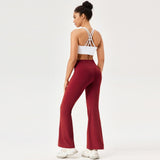 High Waisted Elastic Yoga Flared Pants Size L - Wine Red - S