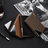 Stainless Steel Business Card Holder Men Leather Clamp - Apricot