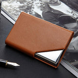 Stainless Steel Business Card Holder Men Leather Clamp - Apricot