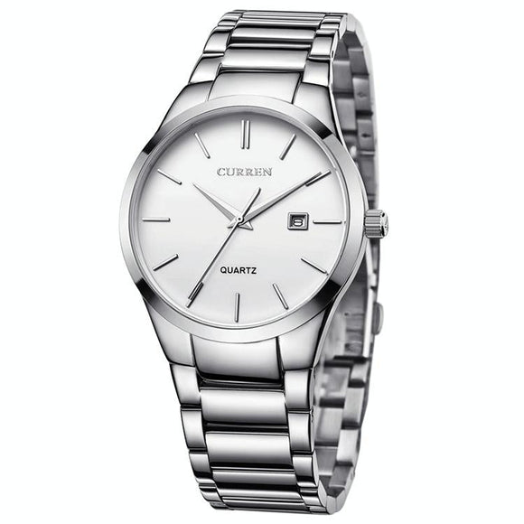 Waterproof Full Steel Quartz Watch - Fashion Business Calendar - White Case White Face