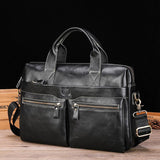 Large Capacity Retro Cowhide Briefcase - Black Metal