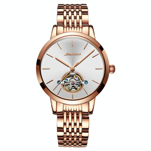 Waterproof Automatic Mechanical Watch for Women with Simple Hollow Design - Rose Gold Steel Strip White