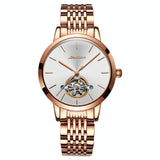 Waterproof Automatic Mechanical Watch for Women with Simple Hollow Design - Rose Gold Steel Strip White