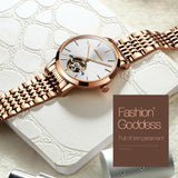 Waterproof Automatic Mechanical Watch for Women with Simple Hollow Design - Rose Gold Steel Strip White