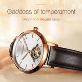 Waterproof Automatic Mechanical Watch for Women with Simple Hollow Design - Rose Gold Steel Strip White