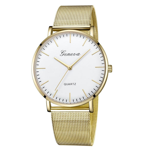 Stainless Steel Mesh Unisex Quartz Watch - Gold Shell White Dial Gold Needle
