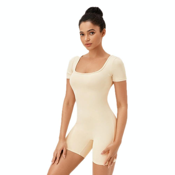 Quick Drying Women Square Neck Yoga Jumpsuit - White Apricot - S