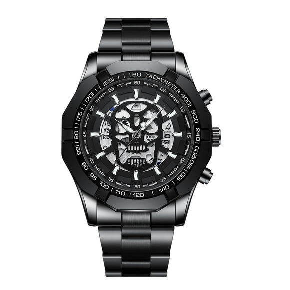 Waterproof Luminous Skeleton Watch - 30m - Black Steel Black White Nail