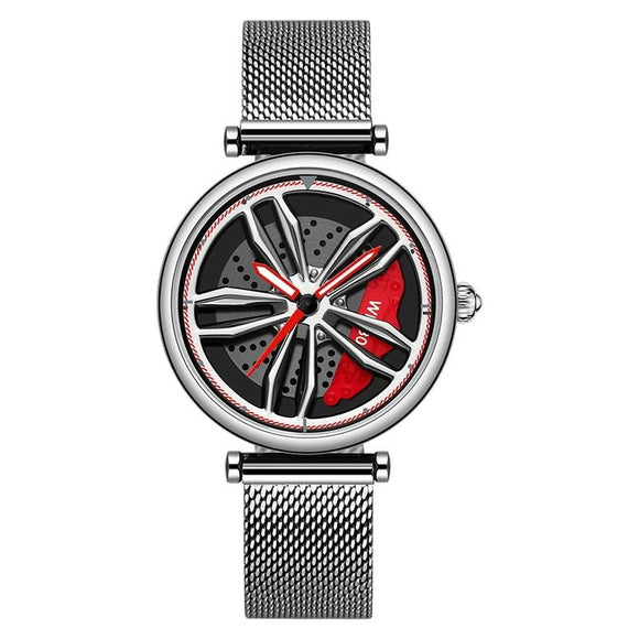 Women Quartz Watch with 3d Hollow out Wheel Design - Silver Red