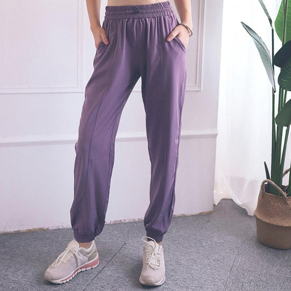 High Waist Drawstring Fitness Pants Black Size L - Smoke Purple M
