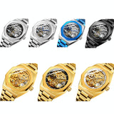 Men Automatic Mechanical Watch with Luminous Dial and Steel Band - Gold Belt White Face