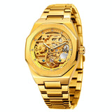 Men Automatic Mechanical Watch with Luminous Dial and Steel Band - Gold Belt White Face